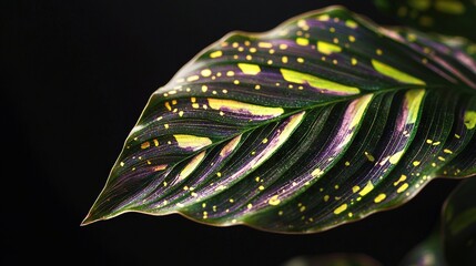   A close-up of a green and yellow leaf with yellow dots on its edges against a black background