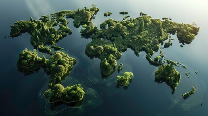 A world map made entirely of green foliage with sun shining from above.