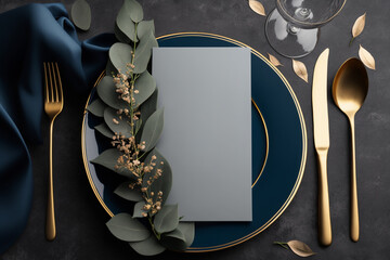 Vertical menu card mockup with festive wedding or birthday table 