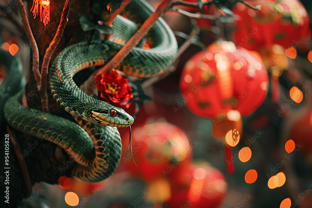 Wall mural background with new year decoration and snake in santa claus hat, symbol of 2025.