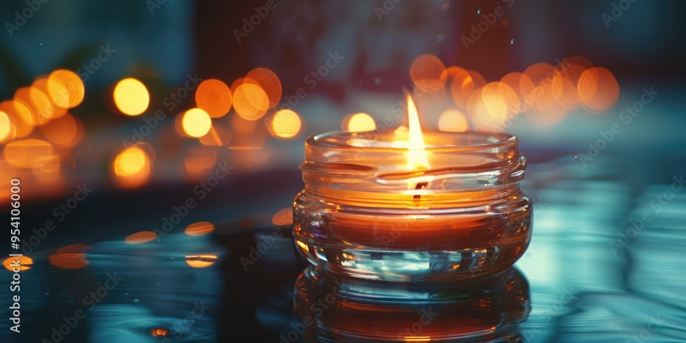 Poster glowing candle flame on a floating wick inside a glass jar creating a serene atmosphere and casting 