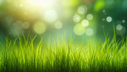 Fototapeta premium Fresh green grass front view in blur bokeh nature background in sunny summer day