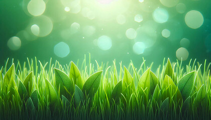 Obraz premium Fresh green grass front view in blur bokeh nature background in sunny summer day