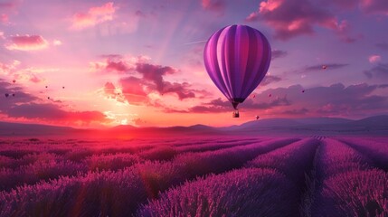 Fototapeta premium A vibrant sunset over lavender fields with a floating hot air balloon. The sky is painted in purples and pinks. This beautiful scene evokes a sense of peace and adventure. AI