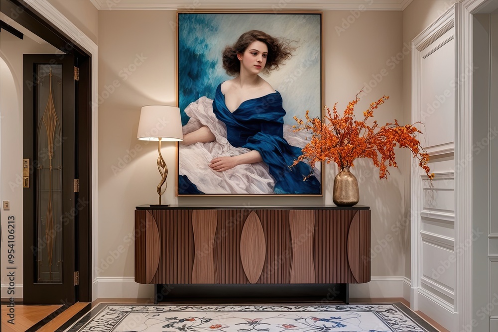 Wall mural elegant entrance decor with impressionistic portrait of a woman in flowing fabric