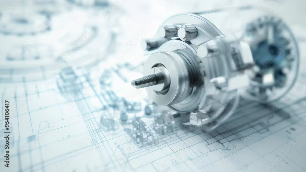 Poster Detailed close-up of a transparent mechanical component on technical blueprints. Futuristic engineering design concept highlighting AI and advanced technology.