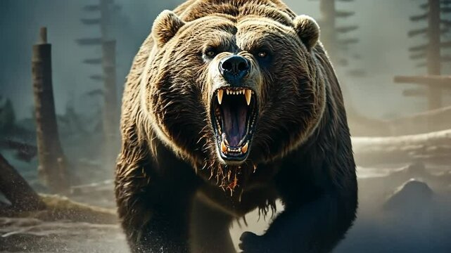Roaring Bear Walks Through a Misty Forest During Dawn Generative AI