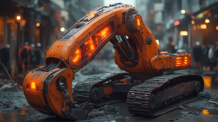 Fototapeta premium A state-of-the-art robotic construction machine working on a building site, equipped with advanced tools and sensors