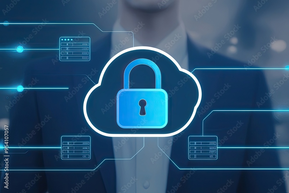 Poster cloud data security solutions with unique design and secure padlock icon for enhanced data integrity