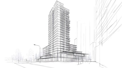 Architectural Sketch of a Modern Glass Building