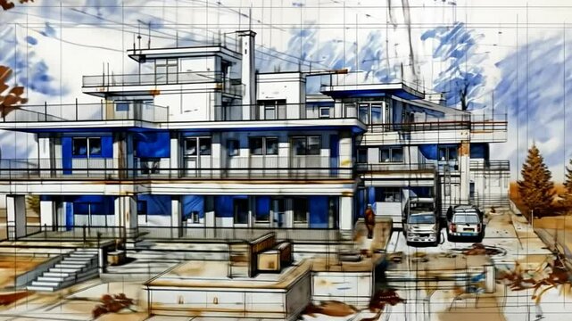 Modern Architectural Design Sketch of a Multi-Level Building Generative AI