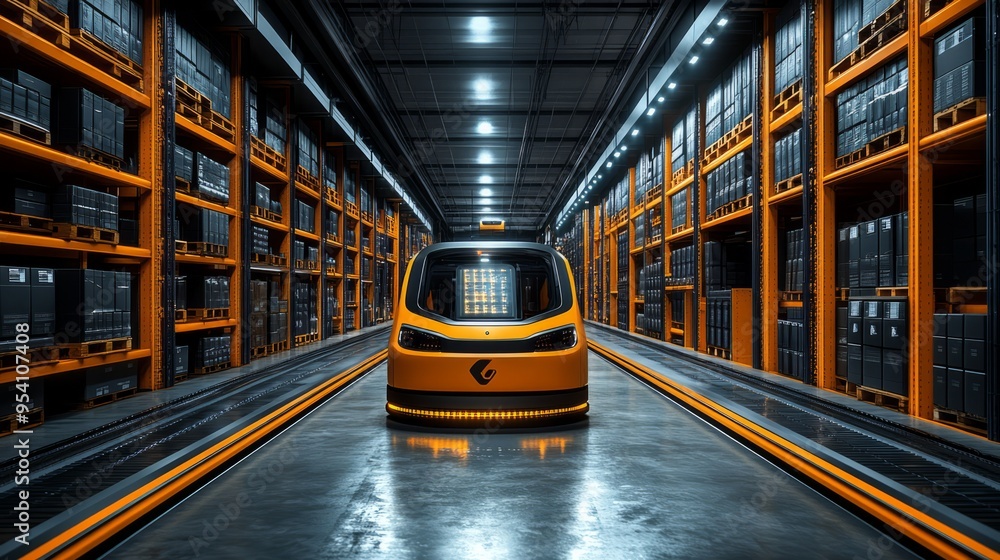 Poster an advanced warehouse with autonomous robots managing inventory and moving goods efficiently, with a