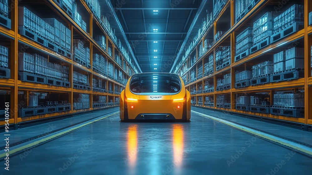 Poster an advanced warehouse with autonomous robots managing inventory and moving goods efficiently, with a