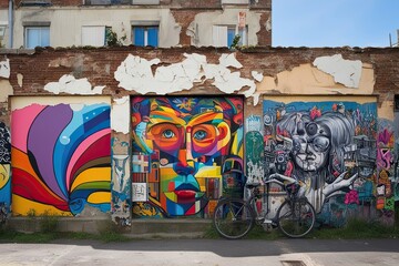 Colorful Street Murals on Crumbling Walls Showcasing Urban Creativity in a Dynamic Collage