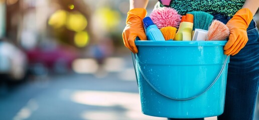 A cleaning woman with a bucket full of cleaning supplies.