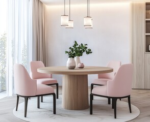 Pastel pink chairs around an oak table in an elegantly lit corner.
