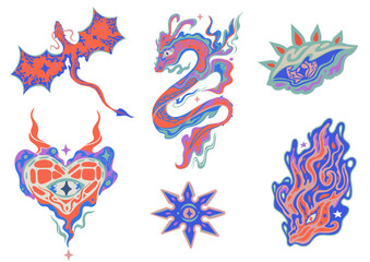 Dragon silhoeutte color isolated on white. Eyes head with fire. tattoo Snake Funny sticker gradient. Hand drawn mythology fantasy.Print for T-shirt and web icon. Decoration fire and collar. Oriental