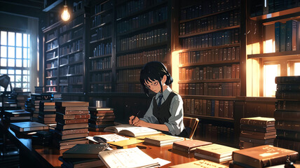 An anime character studies late at night in the academy library, surrounded by ancient books, with the room dimly lit by floating orbs, capturing a quiet and focused moment.