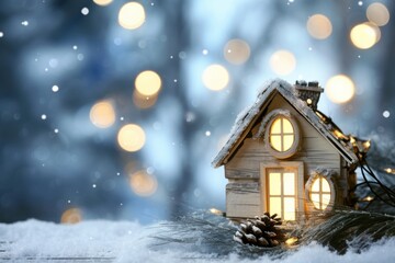 Naklejka premium Cozy christmas scene with snowy house and warm lights for holiday decor