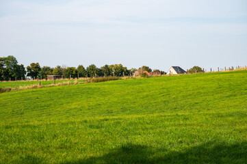 Fototapeta premium Green fields and meadows at the Flemish countryside in Affligem, Pajottenland, belgium