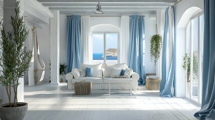 Whitewashed Greek living area with Aegean blue curtains, embodying Santorini charm.
