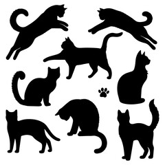 Vector illustration. Silhouettes of black cats. Set of animal stickers. Large set.	
