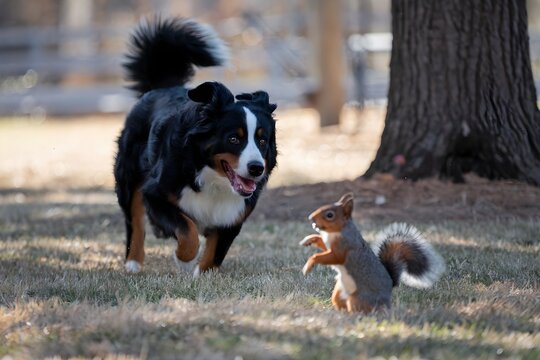 Bernese Mountain Dog chases a squirrel, excitement evident in its joyful pursuit