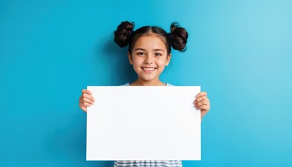 Young girl posing with a blank sign against blue wall