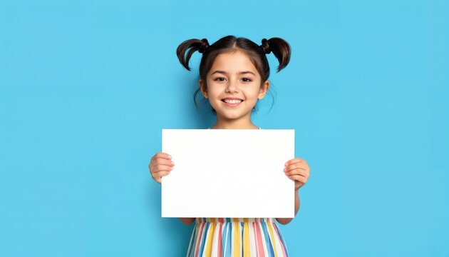 Little girl in colorful dress holding blank sign against blue background