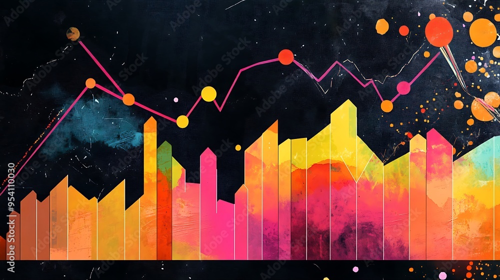 Poster abstract colorful chart with fluctuating lines and circles