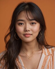 Cute asian teenager girl on an orange background