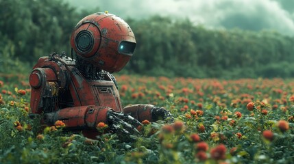 Red Robot in a Field of Flowers: A lone, rusty red robot with a blue eye sits amidst a field of vibrant red flowers, surrounded by a misty green forest.
