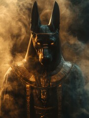 Anubis, gold details, photographic scene, cinematography, cinematic lightning, hyperrealism, hyper-realistic, dark fear bluish light, Smoky background insane detail