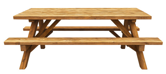 Wooden bench and table, an isolated seat, often found in a park or garden, perfect for a picnic or outdoor relaxation, natural wood design on transparent background, decoration furniture