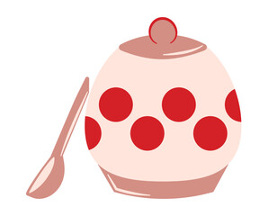 Red polka dot Container, Spoon. Kitchen round Storage for bulk products. Ceramic or clay beige Pot with lid. Old, retro. Tablespoon. Kitchen utensils. Cookie jar. Isolated. Flat Vector illustration
