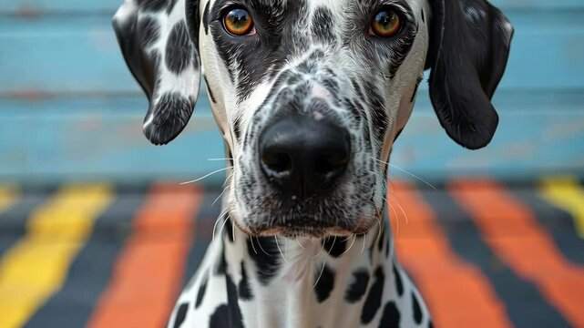 Dalmatian dog portrait on colorful background, close-up view. Animal photography and expression concept