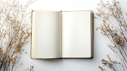 Open Book with Dried Flowers on a White Background
