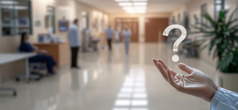 In the background of a blurry picture, a doctor is holding a question mark.