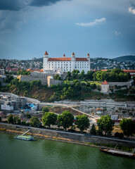 Fototapeta premium UFO observation deck in Bratislava. View from above on Bratislava. Aerial view of Bratislava Castle