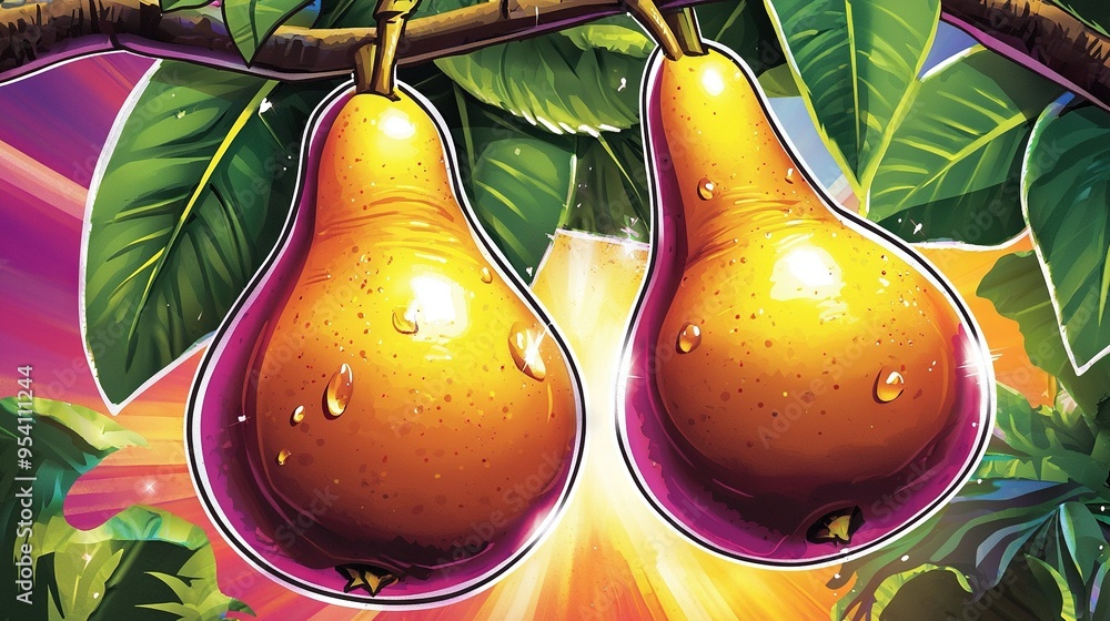 Poster two pears dangle from tree branches with rustling leaves and bright sunbursts in the backdrop