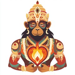 A stylized illustration of a hanuman holding a heart-shaped flame.