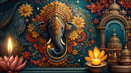 Fototapeta premium Ganesha Wall Art with Intricate Floral Patterns and Decorative Elements for Diwali