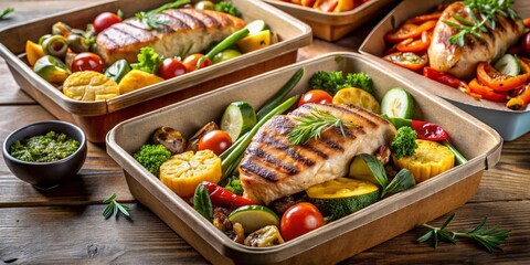 Freshly prepared healthy dinner with roasted vegetables and grilled chicken delivered to doorstep in eco-friendly