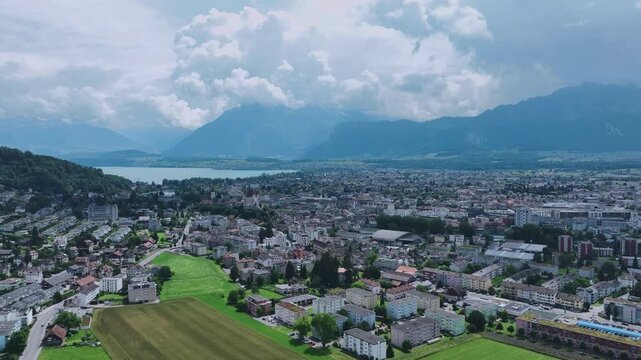 Swiss Town Of Thun On The Lake Shore, Aerial View