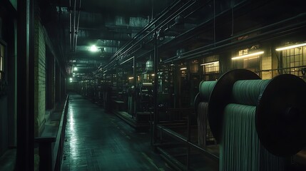 Fototapeta premium Industrial Factory Interior with Spools of Wire and Machinery