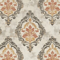 Vintage Seamless Damask Pattern with Ornamental Design in Earthy Tones on Textured Background