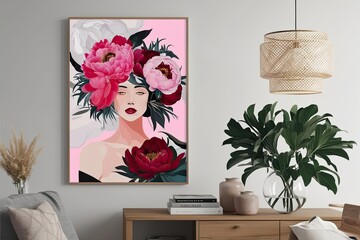 Elegant Abstract Floral Art Print of Woman with Peony for Stylish Interiors