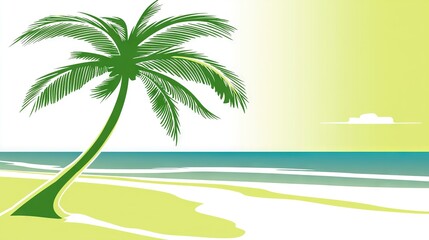 Obraz premium A palm tree on a sunny beach by the ocean with clouds overhead