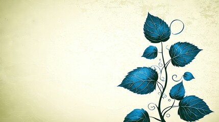 Fototapeta premium Blue flower on beige background with swirl and leaves on stem