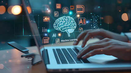 a person’s hands typing on a laptop keyboard with a smartphone lying next to it. Overlaid on the image are graphical icons and text related to artificial intelligence and machine learning